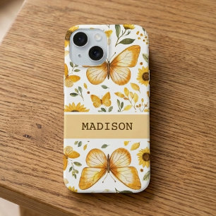 Persoonlijke Gouden Vlinder Waterverf Zonnebloem iPhone 16 Hoesje