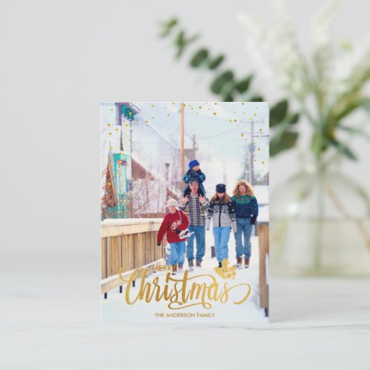 Persoonlijke gouden vrolijk kerstfeest foto kerstk feestdagenkaart (Staand voorkant)
