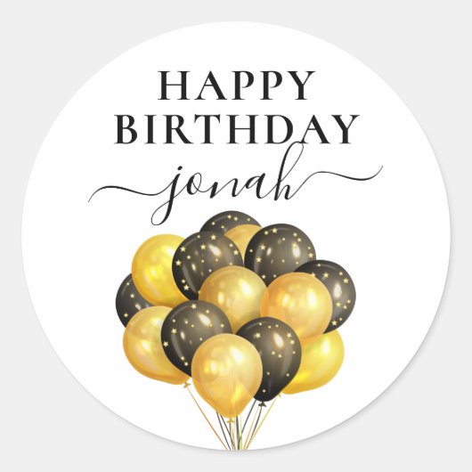 Persoonlijke gouden zwarte ballonnen Happy Birthda Ronde Sticker (Voorkant)