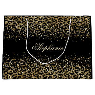 Persoonlijke Gouden Zwarte Luipaardprint Glitters Groot Cadeauzakje