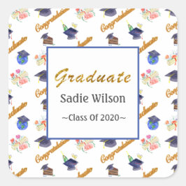 Persoonlijke Graduate Waterverf Hoed, Diploma, Taa Vierkante Sticker