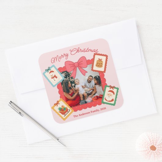 Persoonlijke Grappige Kerst Foto Collage Vierkante Sticker (Envelop)