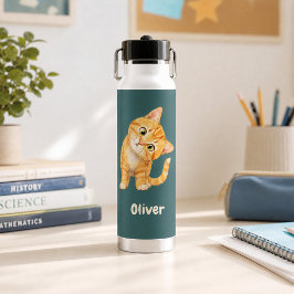 Persoonlijke Grappige Oranje Kat Donker Teal Water Waterfles