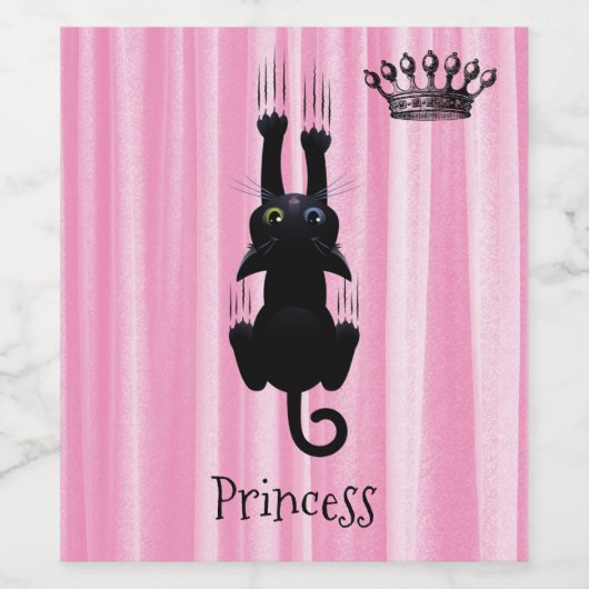 Persoonlijke Grappige Zwarte Kat Prinses Roze Wijn Etiket (Enkel label)