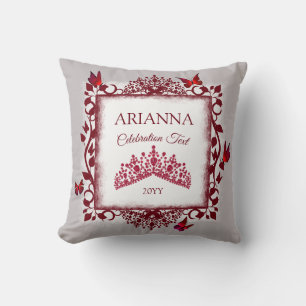 Persoonlijke grijze, bordeauxrode tiara, vlinder kussen