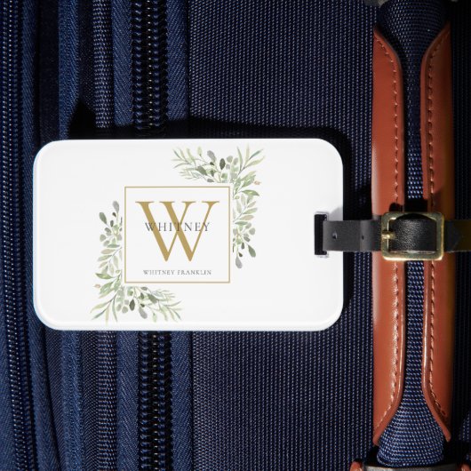 Persoonlijke groene elementen gouden monogram mode bagagelabel (Voorkant Insitu 4)