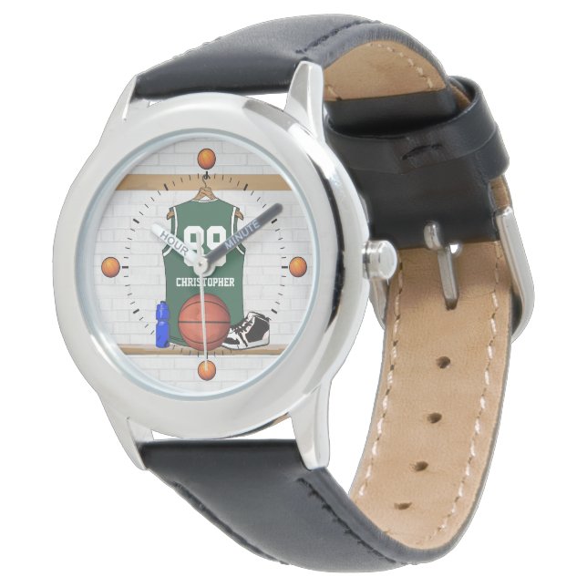 Persoonlijke Groene en Witte Basketball Jersey Horloge (Gekanteld)