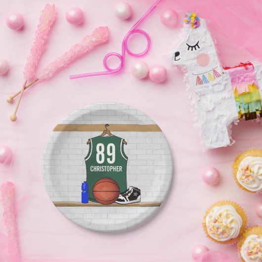 Persoonlijke Groene en Witte Basketball Jersey Papieren Bordje (Feest)