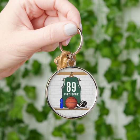 Persoonlijke Groene en Witte Basketball Jersey Sleutelhanger (Hand)