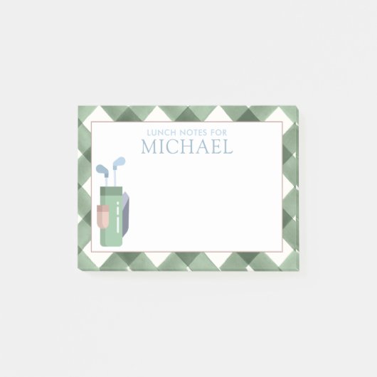 Persoonlijke groene gingham golfkids lunchtrommel post-it® notes (Voorkant)