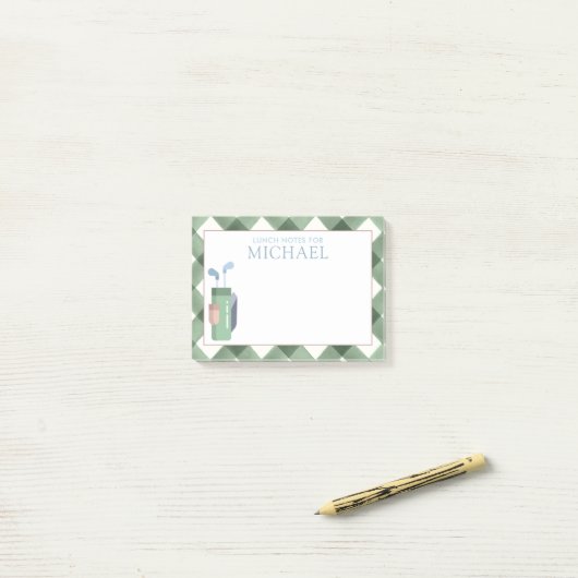 Persoonlijke groene gingham golfkids lunchtrommel post-it® notes (Op bureau)