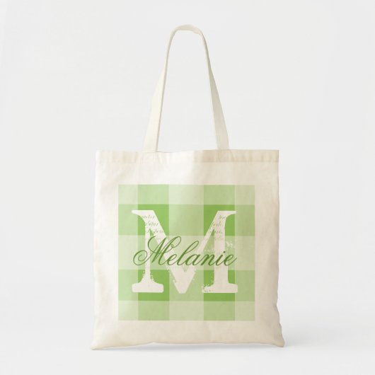 Persoonlijke groene gingham monogram tote tas (Voorkant)