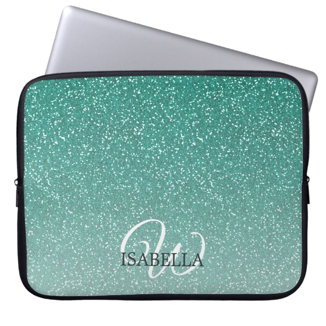 Persoonlijke groene glitters ombre naam monogram laptop sleeve (Voorkant)