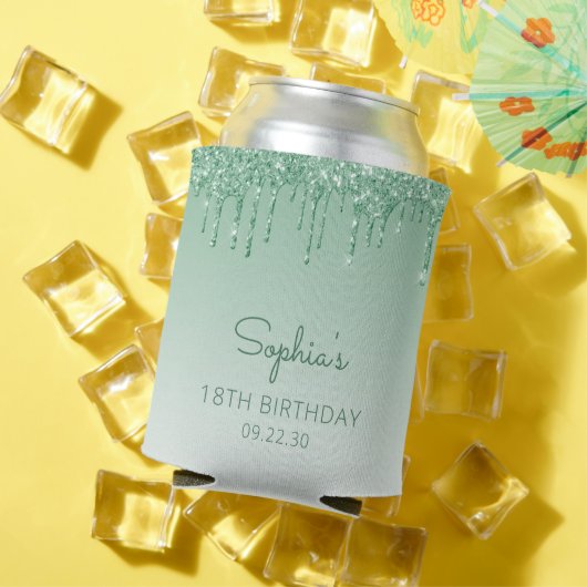 Persoonlijke groene glittersluier 18e verjaardag blikjeskoeler (Insitu Zomer)