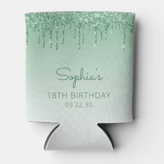 Persoonlijke groene glittersluier 18e verjaardag blikjeskoeler (Voorkant)
