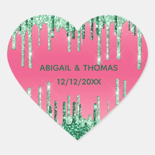Persoonlijke groene glitterspetters roze bruiloft hart sticker (Voorkant)