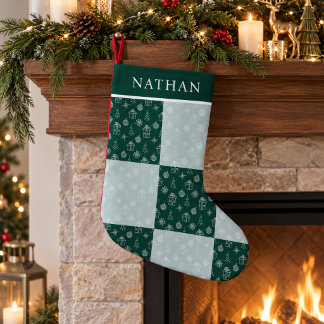 Persoonlijke groene patchwork gezinsvakantiedecora kleine kerstsok