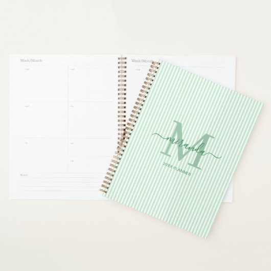 Persoonlijke groene pinstripemonogramplanner planner (Display)