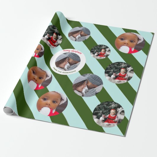 Persoonlijke Groene Stripe Fab Drie Fotoprogramma' Cadeaupapier (Uitgerold)