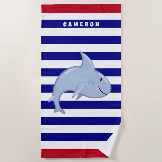 Persoonlijke Haai Wit Blauw Rood Gestreept Kindere Strandlaken (Voorkant)