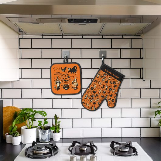 Persoonlijke Halloween-afbeeldingen in vintage sti Ovenwant & Pannenlap Set