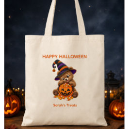 Persoonlijke Halloween-beerwelp met snoep Tote Bag