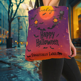 Persoonlijke Halloween met Vollemaan en Zwarte Kat Tote Bag