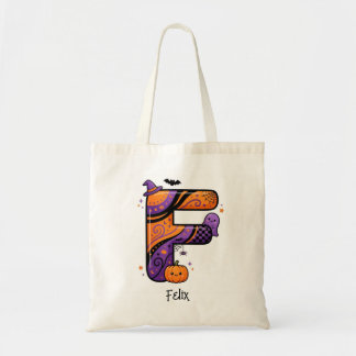 Persoonlijke Halloween-monogramletter F-vleermuis Tote Bag