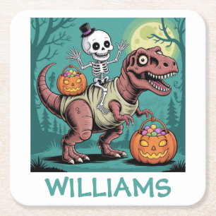 Persoonlijke Halloween Skelet Rijdende Dinosaurus Kartonnen Onderzetters