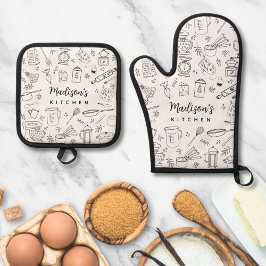 Persoonlijke Handgetekende Keuken Kookgerei  Ovenwant & Pannenlap Set