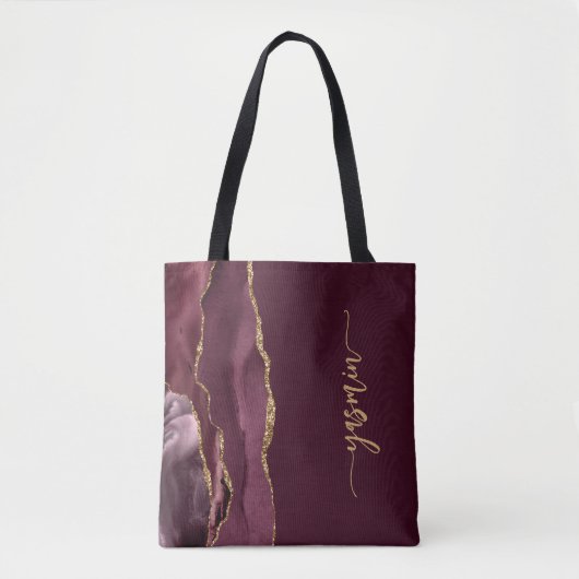 Persoonlijke handtekening Burgundy Gold Agate Tote Bag (Voorkant)