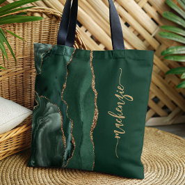 Persoonlijke handtekening Emerald Green Gold Agate Tote Bag
