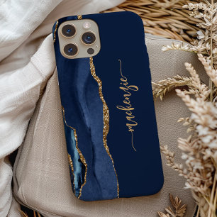 Persoonlijke handtekening Navy Blue Goud Agate Case-Mate iPhone Case