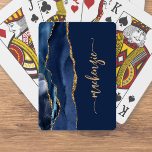 Persoonlijke handtekening Navy Blue Goud Agate Pokerkaarten