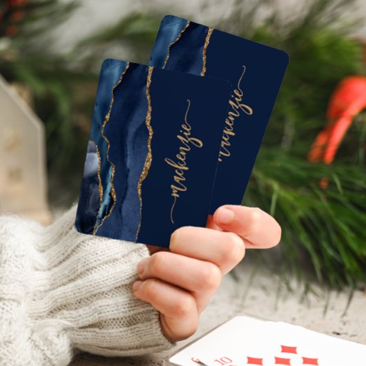 Persoonlijke handtekening Navy Blue Goud Agate Pokerkaarten