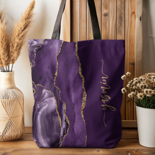 Persoonlijke handtekening paarse goud agaat tote bag