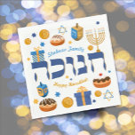 Persoonlijke Hanukkah Menorah Donuts & Dreidel Servet<br><div class="desc">Dit gedurfde grafische ontwerp is de perfecte manier om een feestelijke Chanoeka / Chanoeka Party tafel te plaatsen. Gekke kleurrijke Chanoeka-elementen - waaronder Jelly Donuts, Dreidels, Wrapped Gifts, Gold Coins en Stars - omringen het woord CHANUKAH in het Hebreeuws. Met ruimte voor je eigen naam en boodschap. Hulp nodig bij...</div>