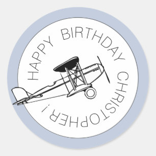 Persoonlijke Happy Birthday Boy Airplane Party Ronde Sticker