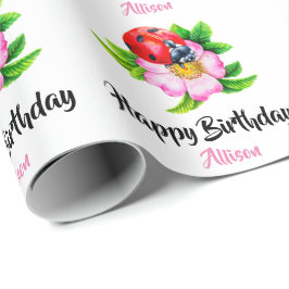 Persoonlijke Happy Birthday Floral Ladybug Cadeaupapier
