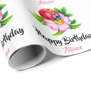 Persoonlijke Happy Birthday Floral Ladybug Cadeaupapier