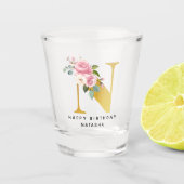 Persoonlijke Happy Birthday Floral Monogram Shot Glas (Voorkant)