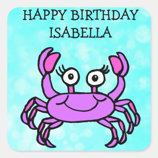 Persoonlijke Happy Birthday Paarse Crab Vierkante Sticker (Voorkant)