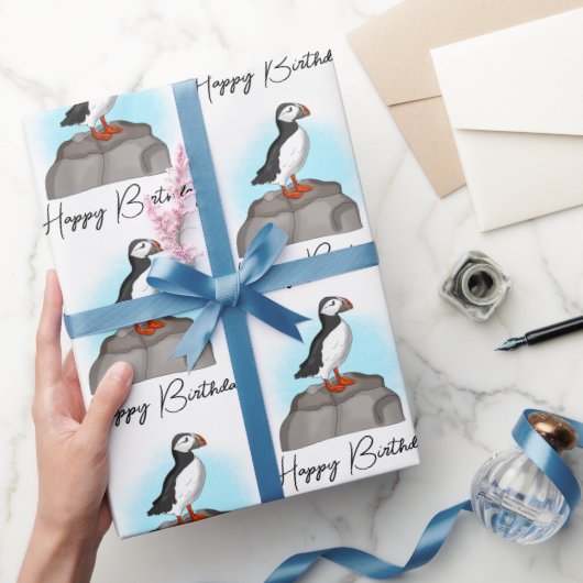 Persoonlijke Happy Birthday Puffin Cadeaupapier (Geschenken)