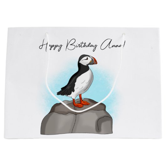 Persoonlijke Happy Birthday Puffin Groot Cadeauzakje (Voorkant)