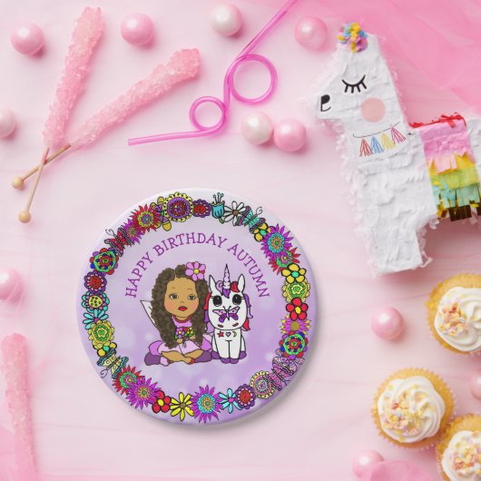 Persoonlijke Happy Birthday Unicorn en Fairy Papieren Bordje (Feest)