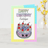 Persoonlijke Happy Birthday | Whimsical Cake Kaart (Gele Bloem)