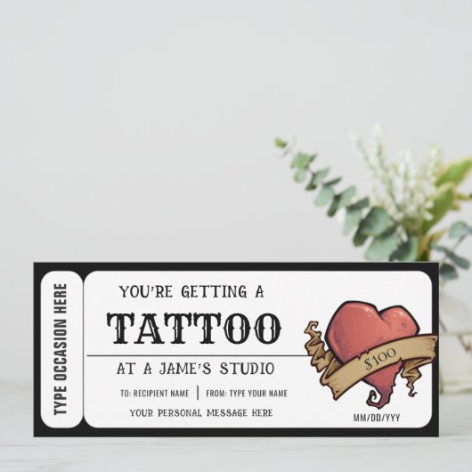 Persoonlijke Heart Tattoo Ticket Cadeaubewijs Kaart (Staand voorkant)