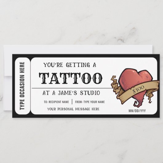 Persoonlijke Heart Tattoo Ticket Cadeaubon Kaart (Voorkant)