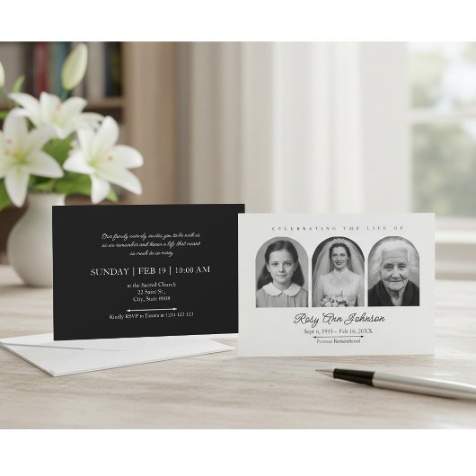 Persoonlijke herdenkingsuitnodiging met 3 foto's kaart
