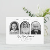 Persoonlijke herdenkingsuitnodiging met 3 foto's kaart (Staand voorkant)